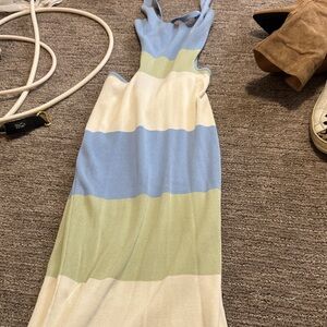 Sleeveless Striped Maxi Dress in Light Blue, Cream & Sage